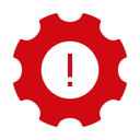 Rotes Zahnrad mit Ausrufezeichen symbolisiert Warnung oder technischen Fehler.